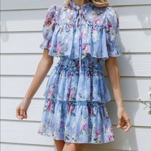 shein tie neck puff sleeve layered ruffle hem floral dress